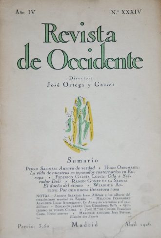 Revista de Occidente, cover of the issue in which the Ode to Salvador Dalí is published for the first time in 1926.