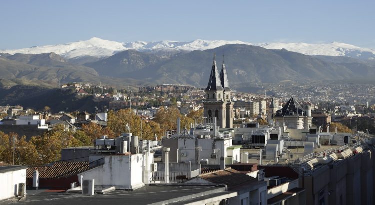 Views of the Sierra Nevada from the terrace of the building at 50 Acera del Darro Street, which was the residence of Federico García Lorca's family in Granada.