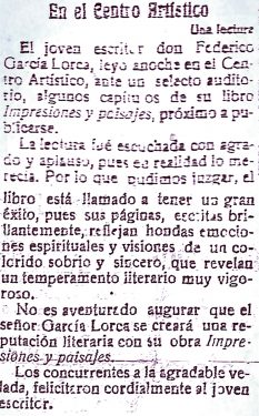 Press report on the first reading of Impressions and Landscapes at the Centro Artístico. El Defensor de Granada newspaper, March 18, 1918.