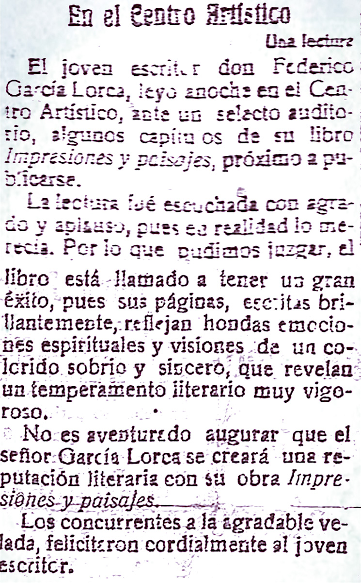 Noticia de prensa sobre la primera lectura de Impresiones y Paisajes en el Centro Artístico. El Defensor de Granada, 18 de marzo de 1918.