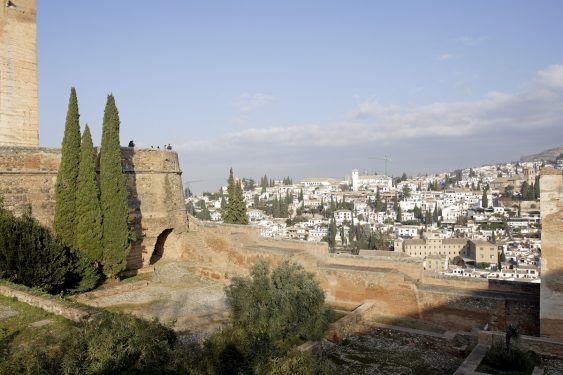 Views towards the Albaycin district in Granada, from the Plaza de los Aljibes in the Alhambra.