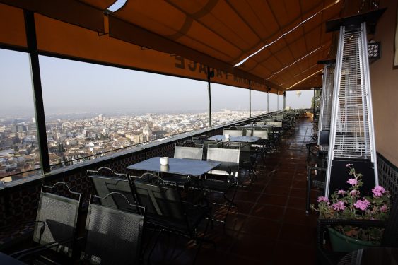Terrace of the Alhambra Palace Hotel, with views over the city of Granada.