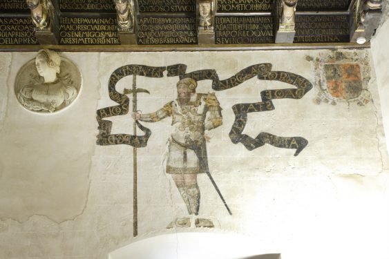 Frescoes and tondo on one of the walls of the Gilded Room of the Casa de los Tiros.