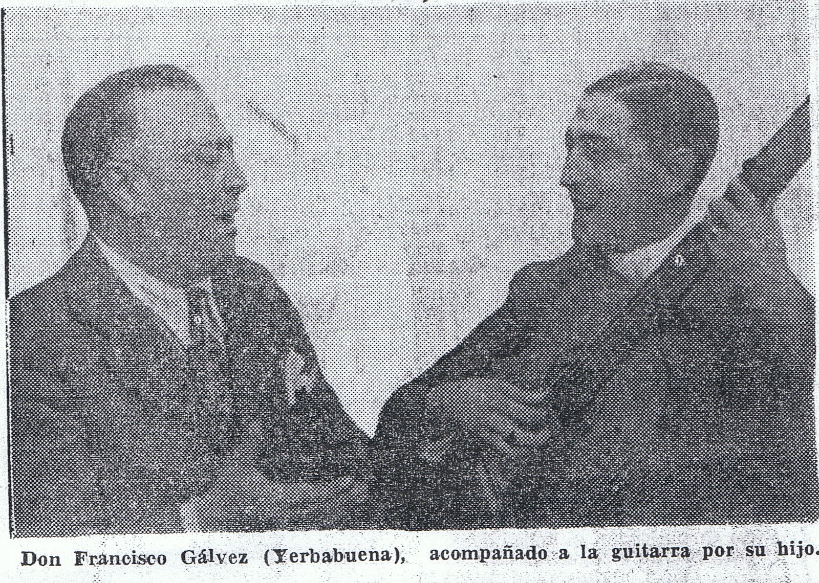 Press clipping of a performance by Frasquito Yerbabuena accompanied on the guitar by his son.
