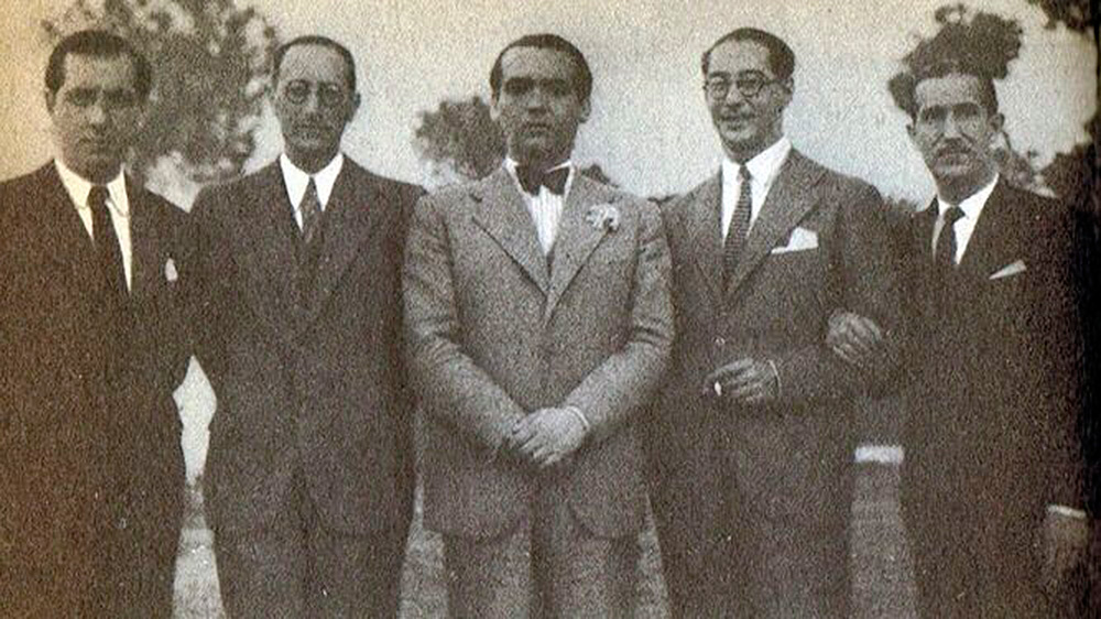 Joaquín Romero, Jorge Guillén, Federico García Lorca, José Antonio Rubio Sacristán and Pepín Bello in Seville in 1935.
