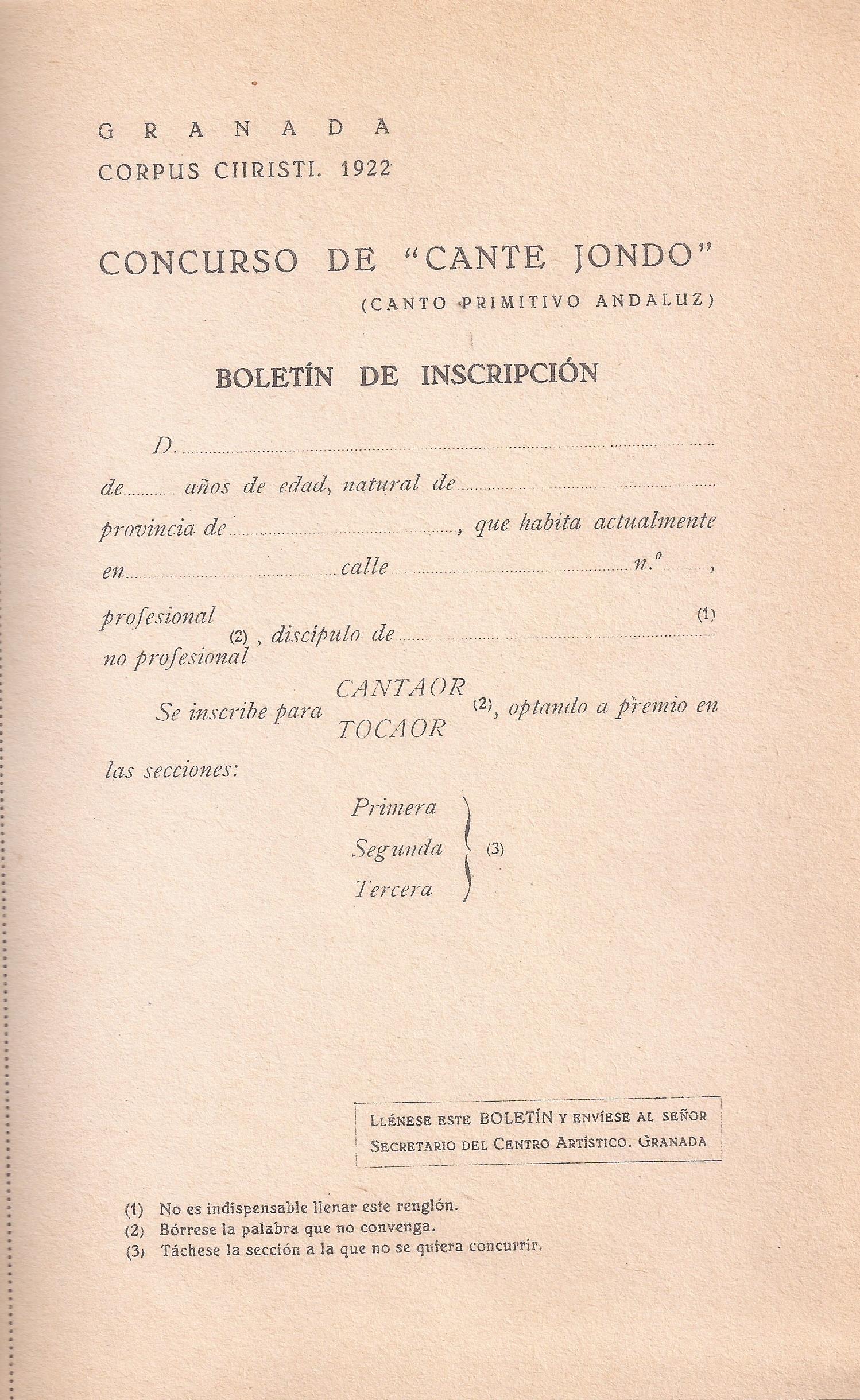 Boletín de inscripción del Concurso de Cante Jondo.