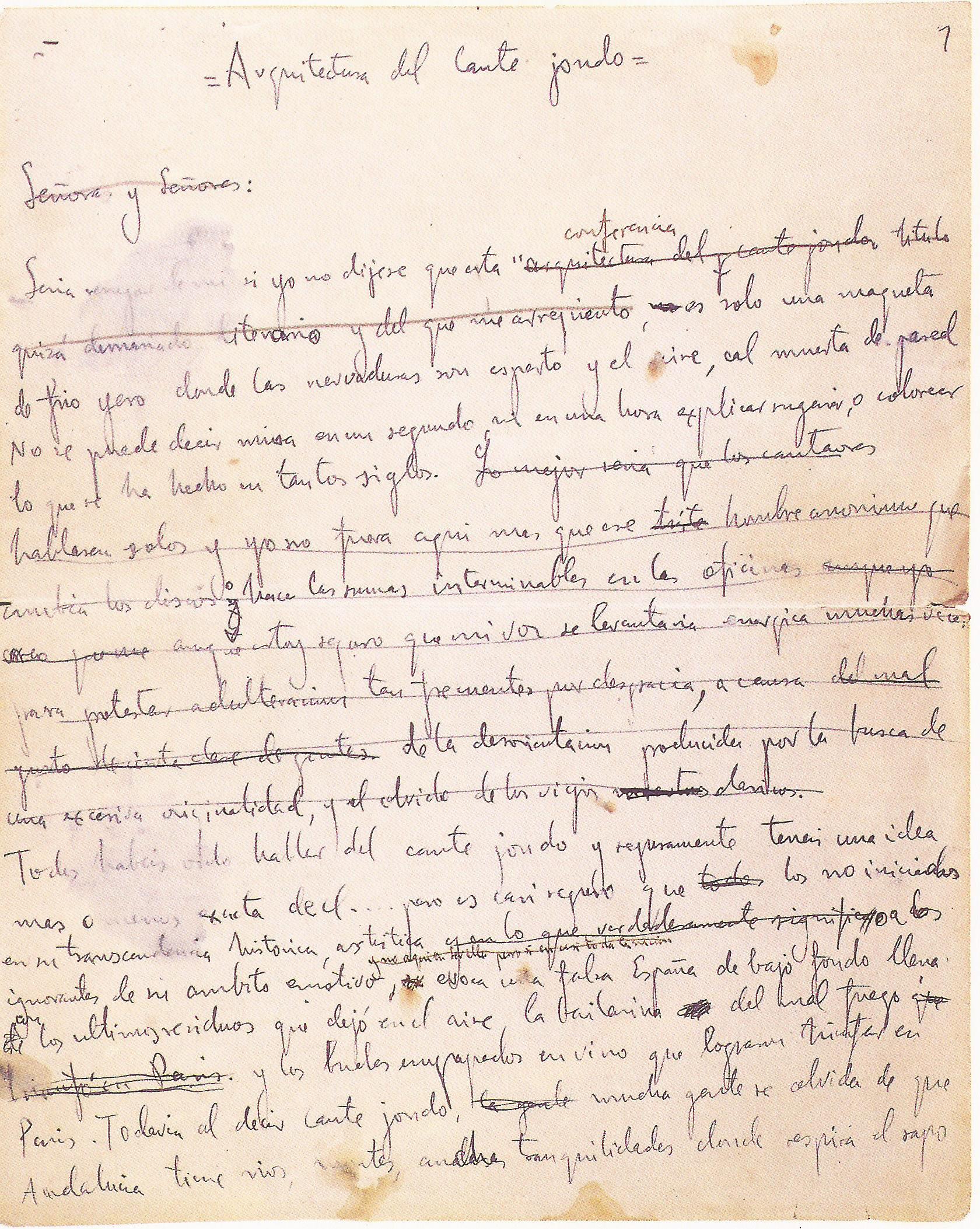 Handwritten page of Lorca's lecture 'Architecture of the deep song'.