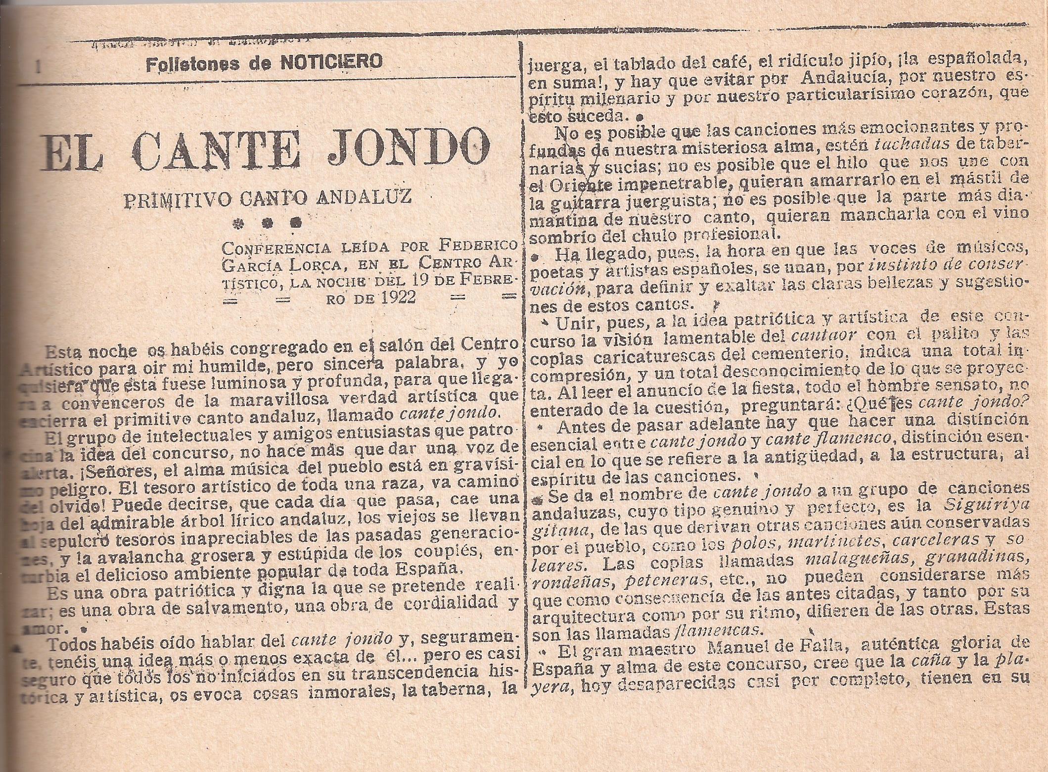 Primera entrega del folletón con la conferencia de Lorca sobre el cante jondo pronunciada en el Centro Artístico de Granada.