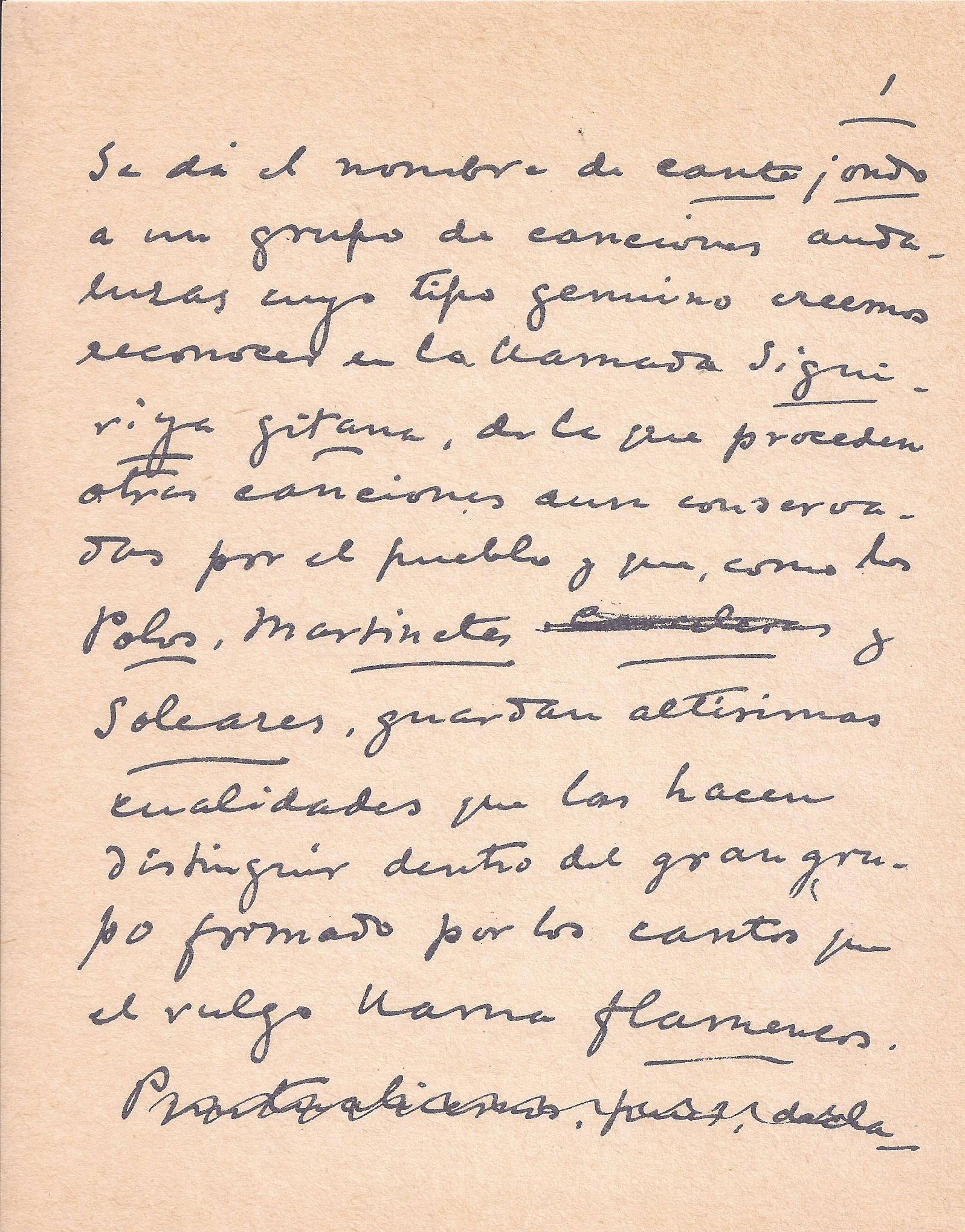 Primera página manuscrita del artículo de Manuel de Falla sobre el Cante Jondo.